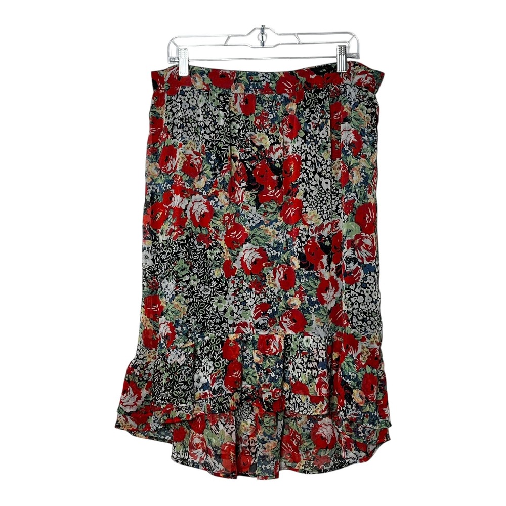 Kim Rogers XL Floral High-Low Midi Skirt Red Rose Ruffle Elastic Waist Chiffon